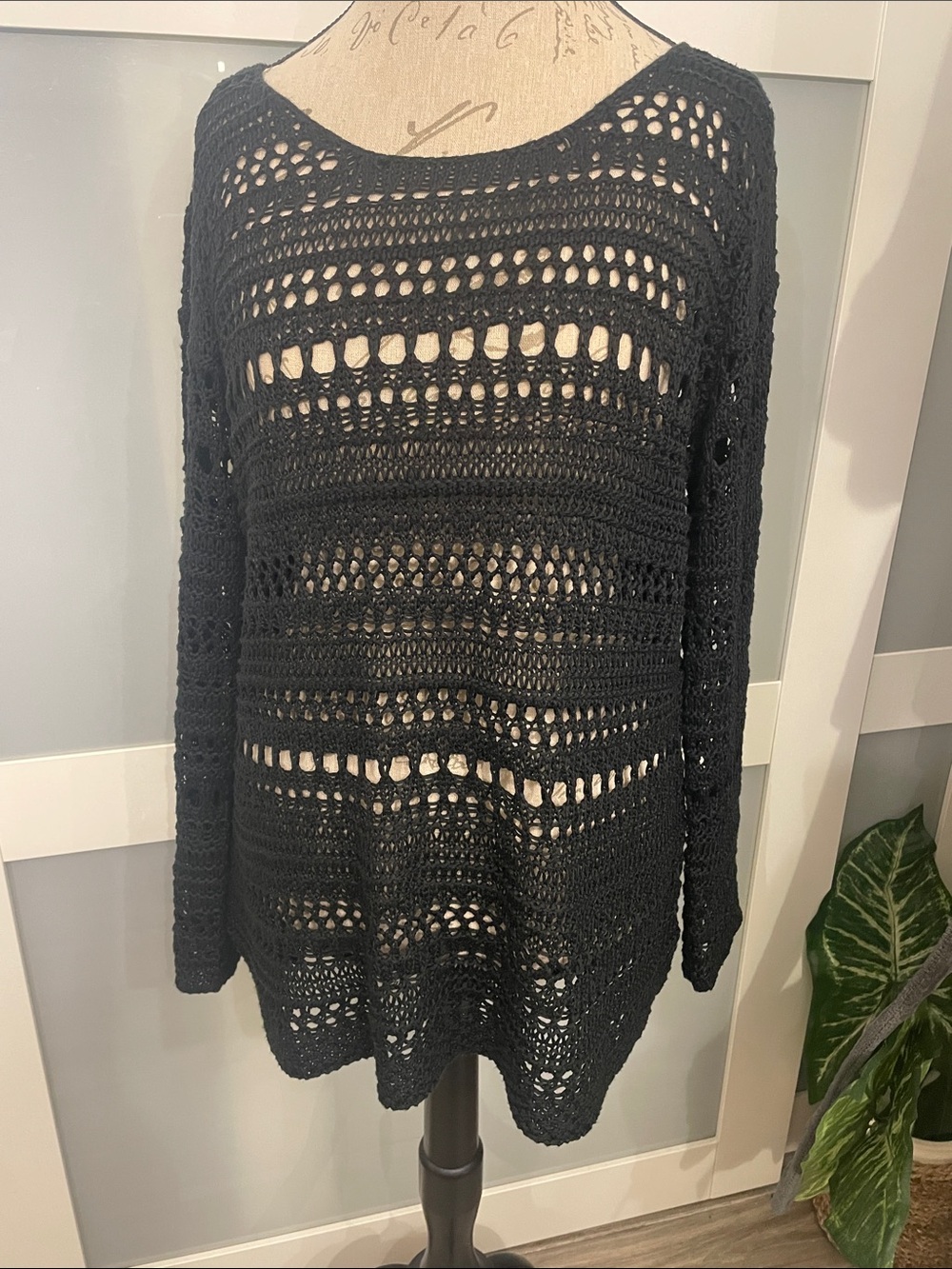 Women's Black Open-Knit Crewneck Sweater